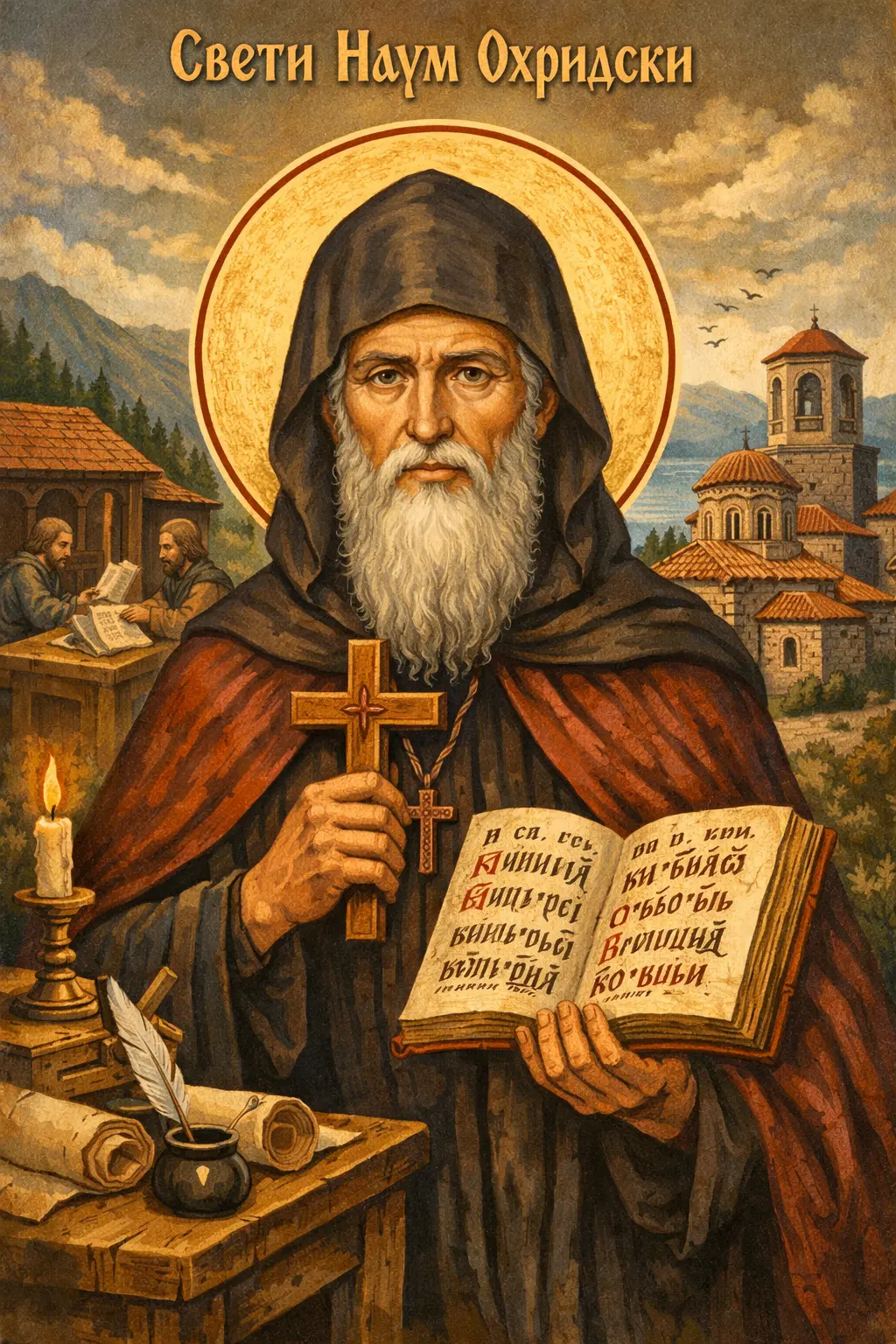 Свети Наум Охридски – един от Седмочислениците, духовен строител на Охридската книжовна школа и манастира край Охридското езеро.