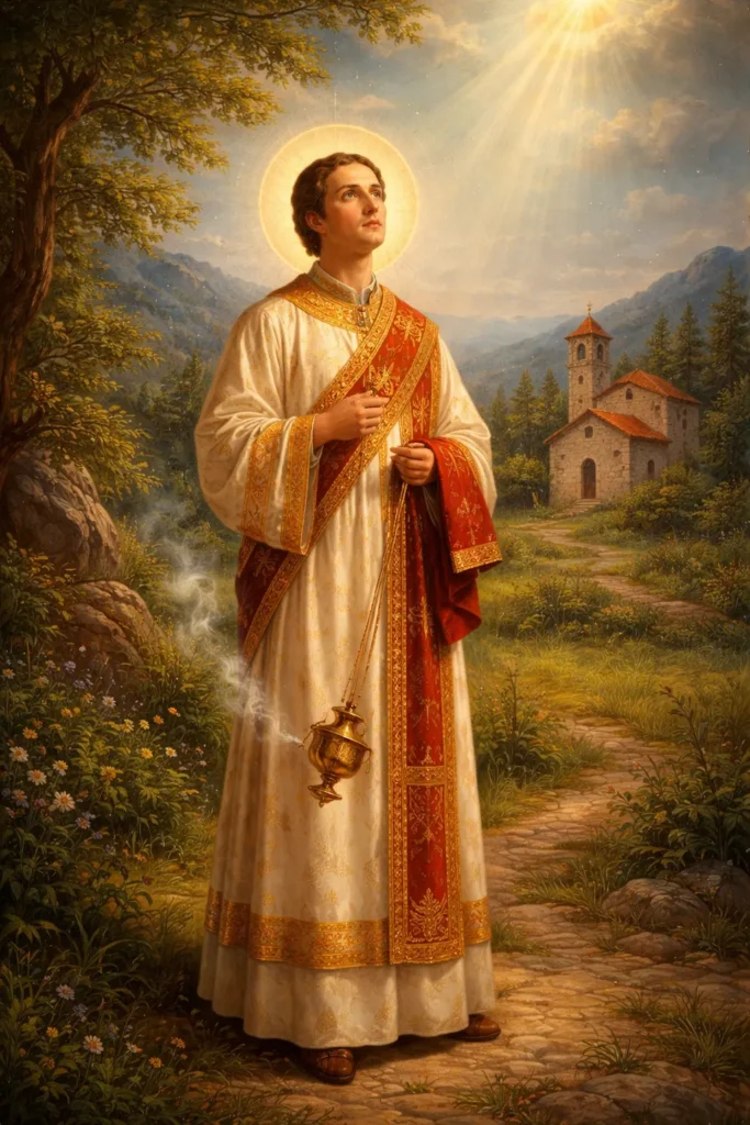 Свети первомъченик и архидякон Стефан в дяконски одежди пред малка църква, с поглед към небето