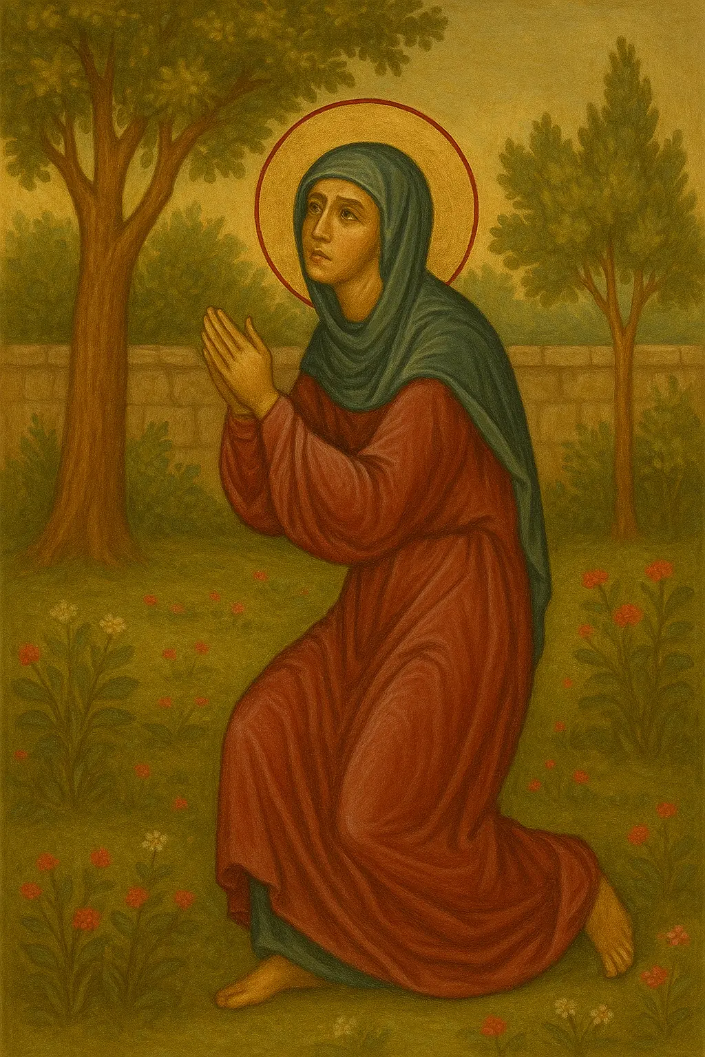 Света Анна се моли в градината в деня на зачатието на света Анна майка на Богородица.