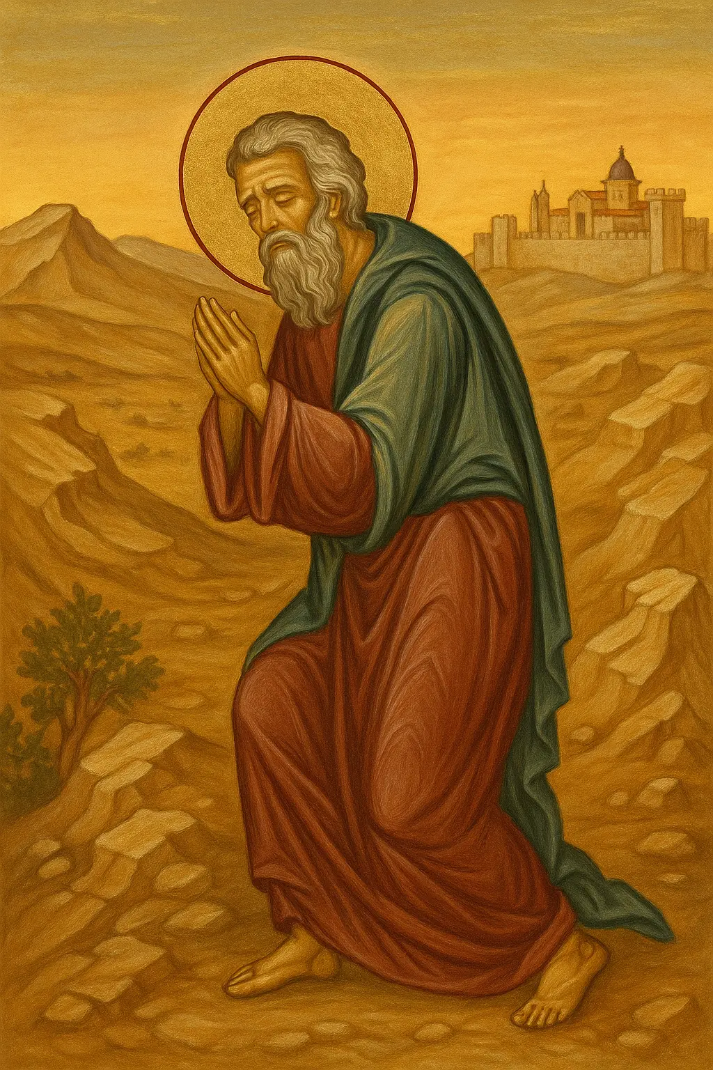 Праведният Йоаким се моли сам в пустинята в деня на зачатието на света Анна майка на Богородица.