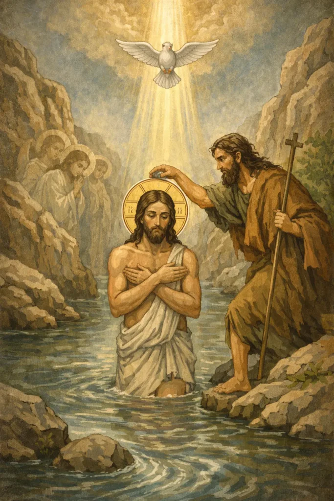 Богоявление – Кръщение Господне в река Йордан, Христос и свети Йоан Кръстител, явяване на Светата Троица