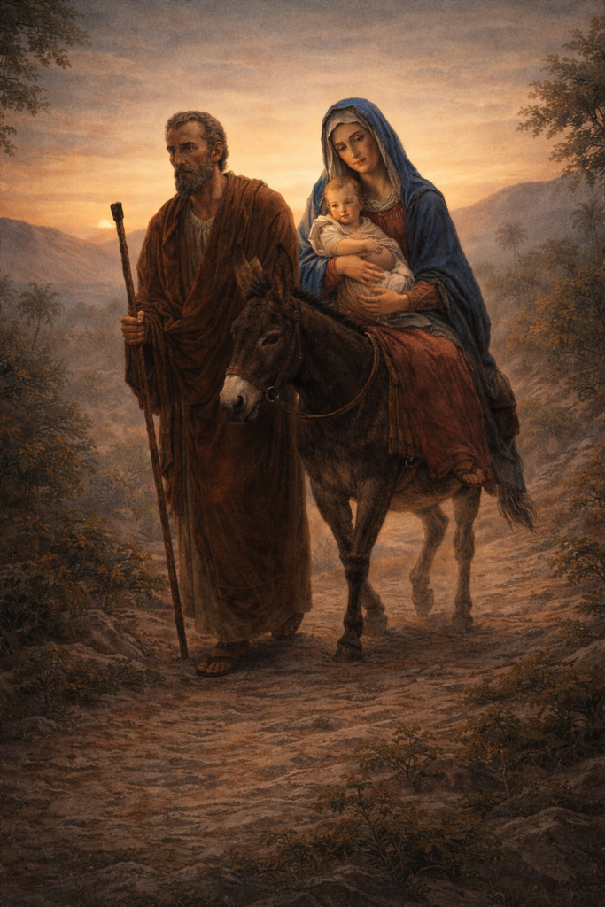 Бягството на Светото семейство в Египет – свети Йосиф води Богородица и Богомладенеца по пътя на послушанието