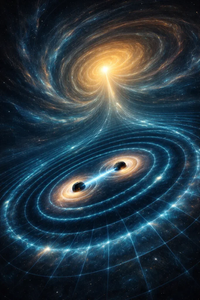 „Гравитационни вълни, породени от сблъсък на две черни дупки, изкривяващи пространството и времето“