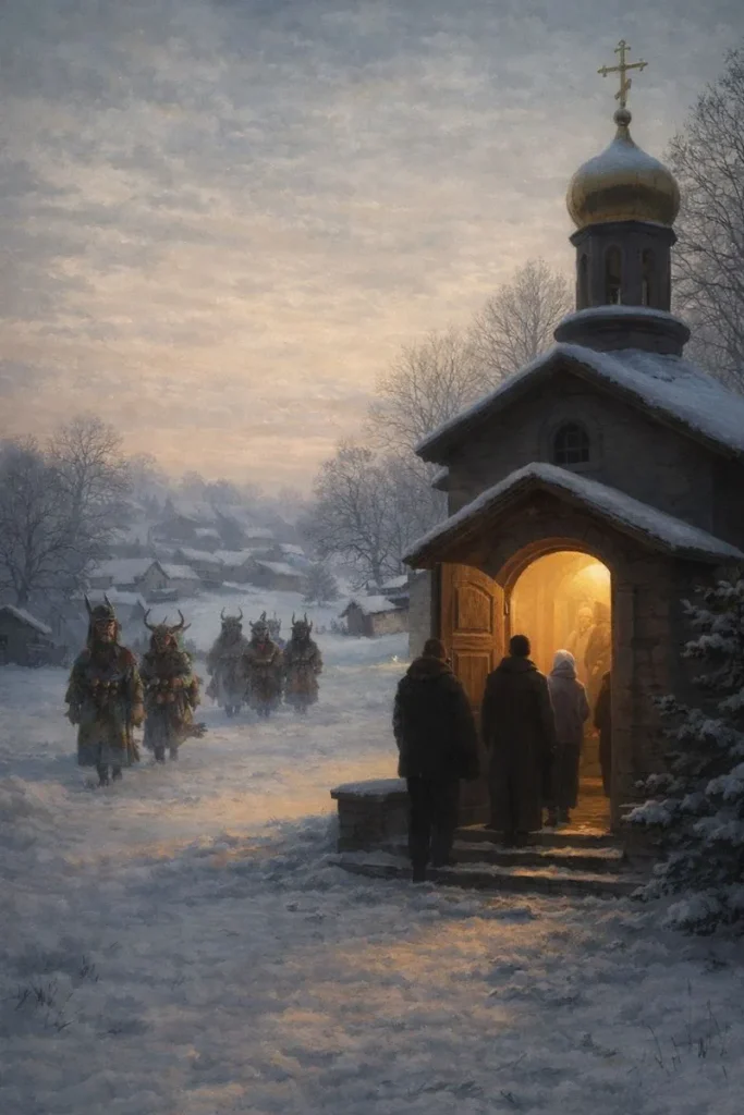 Православен храм в зимно българско село с отворена врата и хора, които влизат, а в далечината се вижда кукерско шествие като фолклорна сцена.