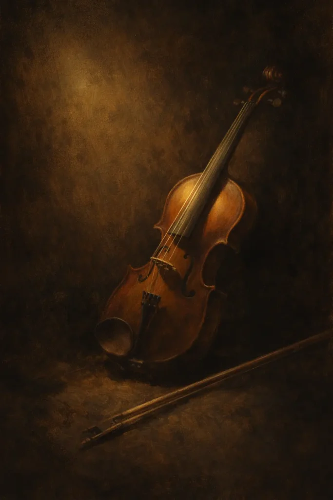 Медитативна илюстрация на цигулка в тиха светлина, вдъхновена от „Медитацията“ от операта „Таис“ на Жул Масне