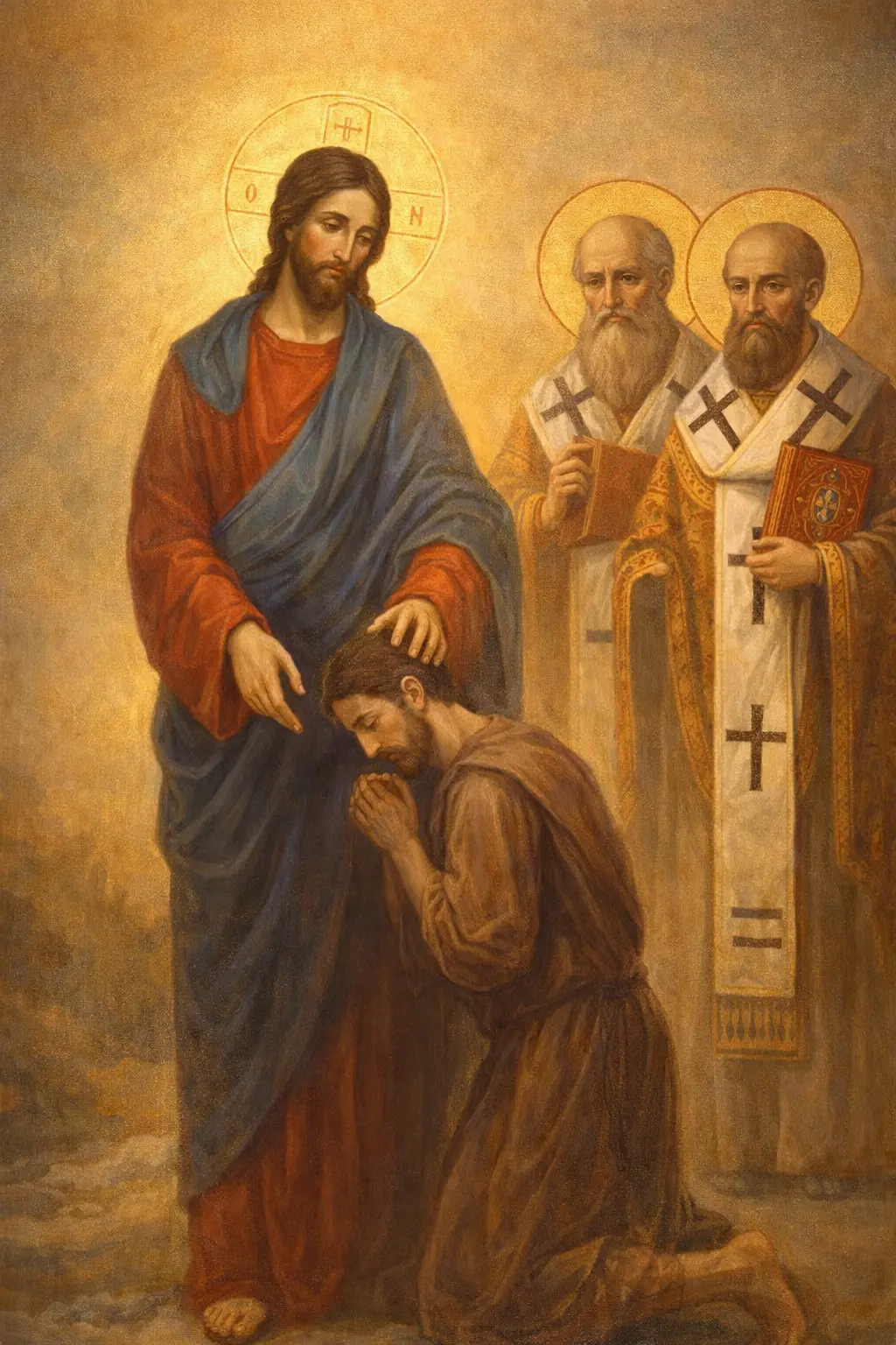 Христос изцелява десетимата прокажени. До Него са изобразени светите отци Атанасий Велики и Кирил Александрийски.