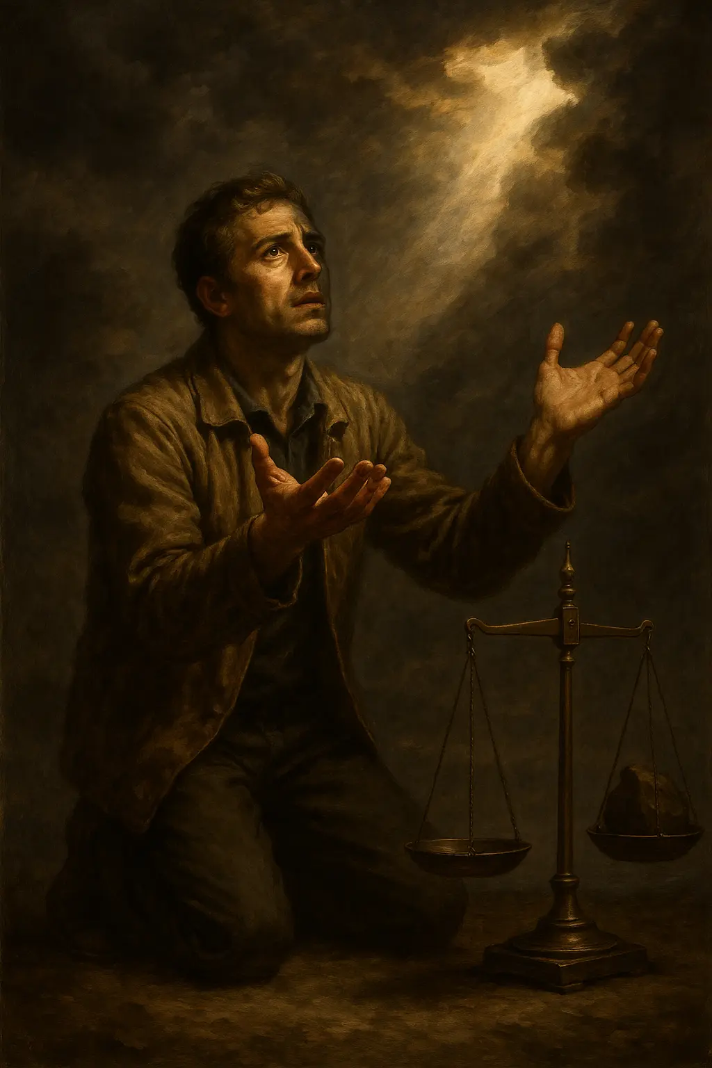 Мъж в молитвена поза, обърнат към небесна светлина, с везни до него – образ на човека, застанал с обет пред Бога и тежестта на отговорността.