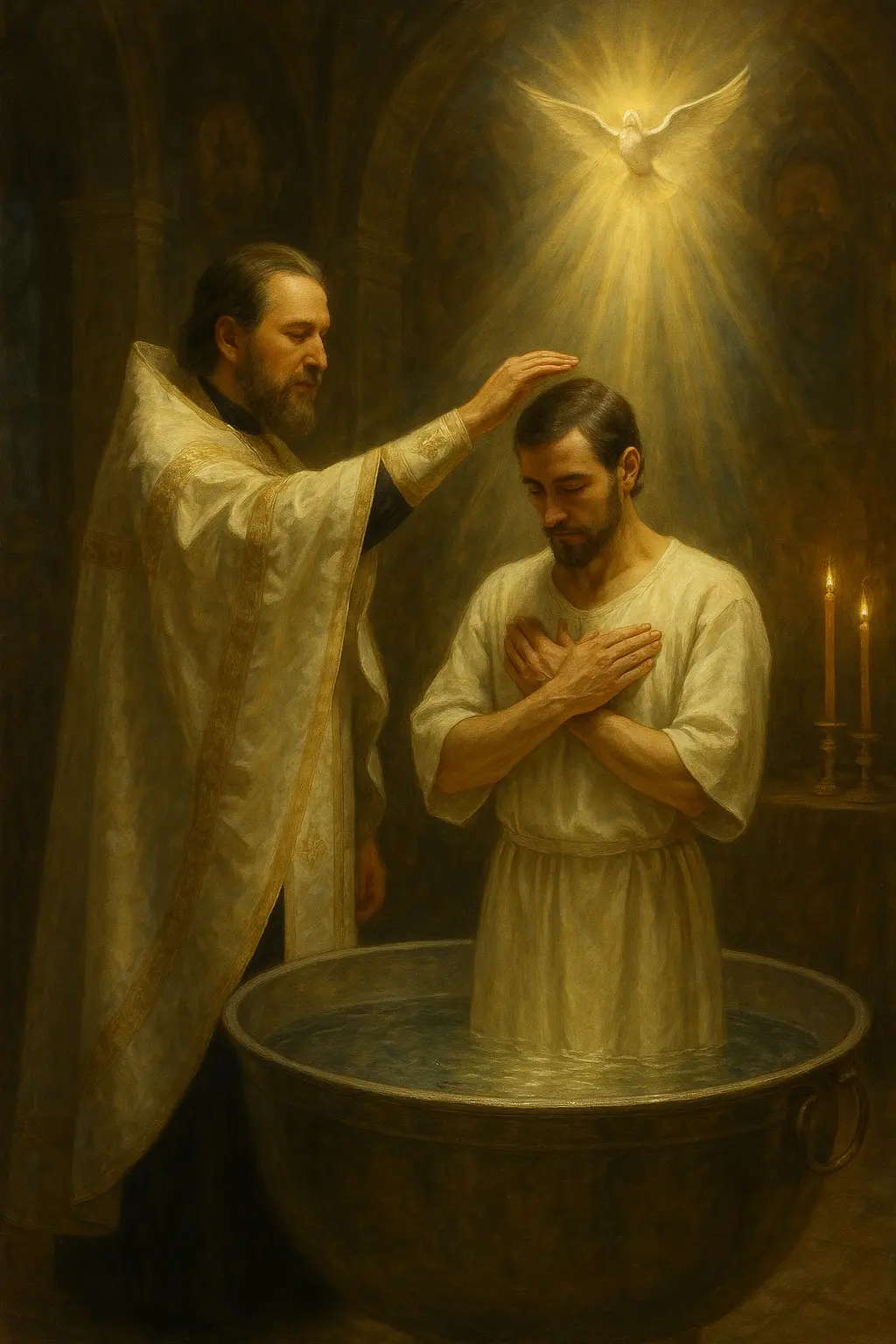 Свещеник благославя мъж при тайнството Кръщение, потопен във вода, под сиянието на Светия Дух.