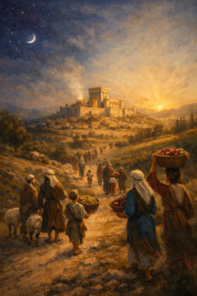 разничният годишен цикъл на еврейския календар – поклонници по пътя към Йерусалимския храм