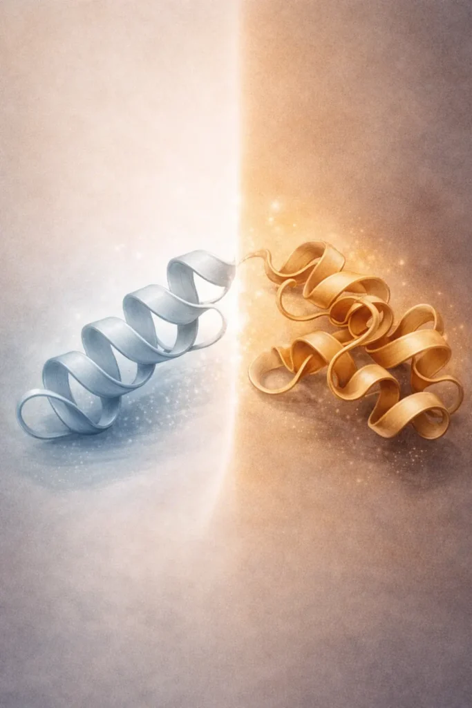 Стилизирана илюстрация на прионен белтък в нормална и неправилно сгъната форма, показваща как минимална промяна във формата може да доведе до прионно заболяване.