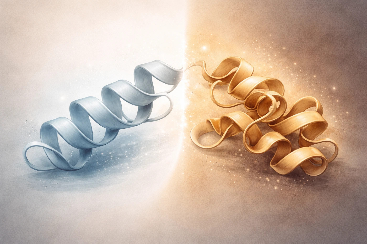 Стилизирана илюстрация на нормална и неправилно нагъната форма на прионен белтък.