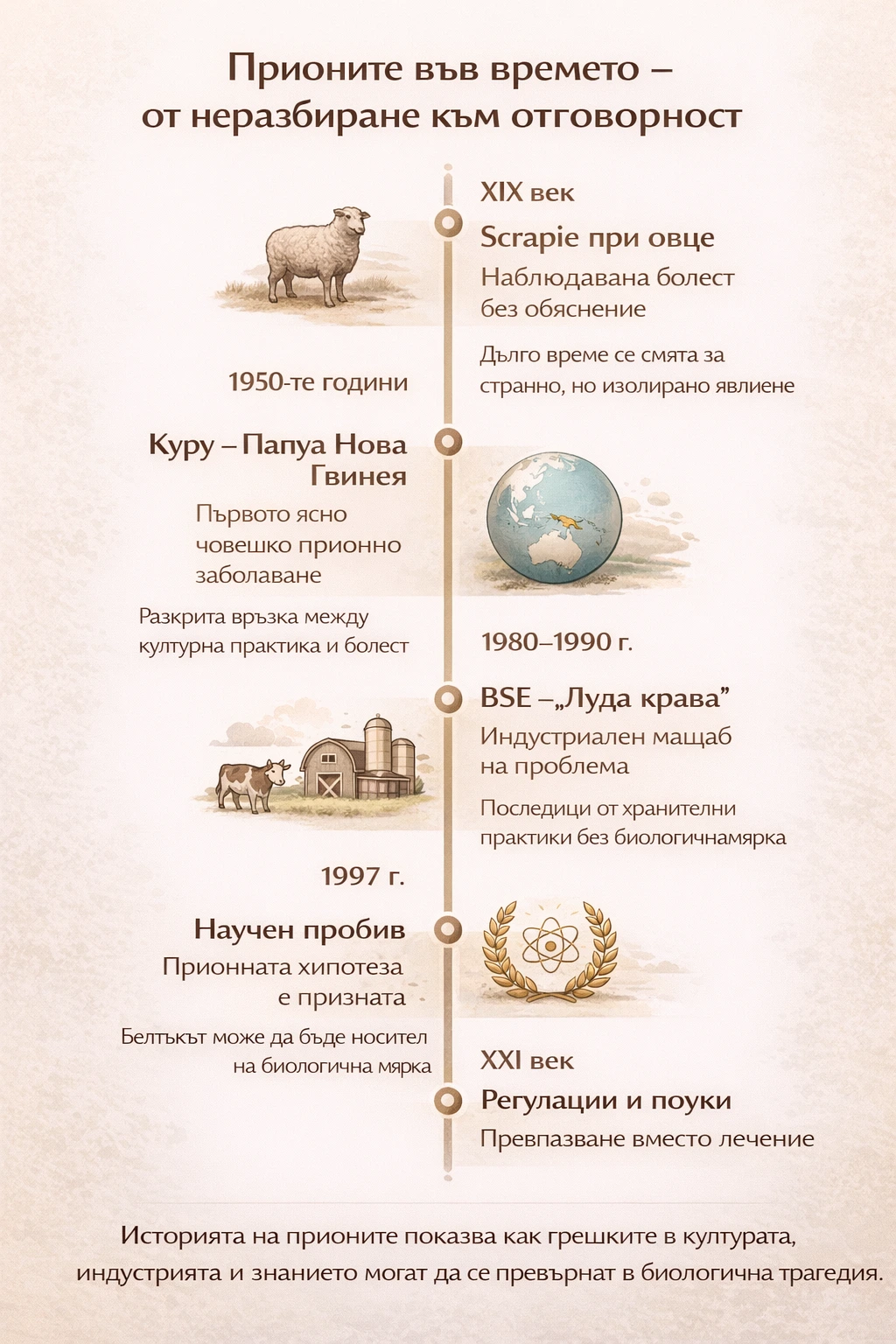 Таймлайн на прионните заболявания: куру, научно откритие, криза с BSE и съвременни мерки.