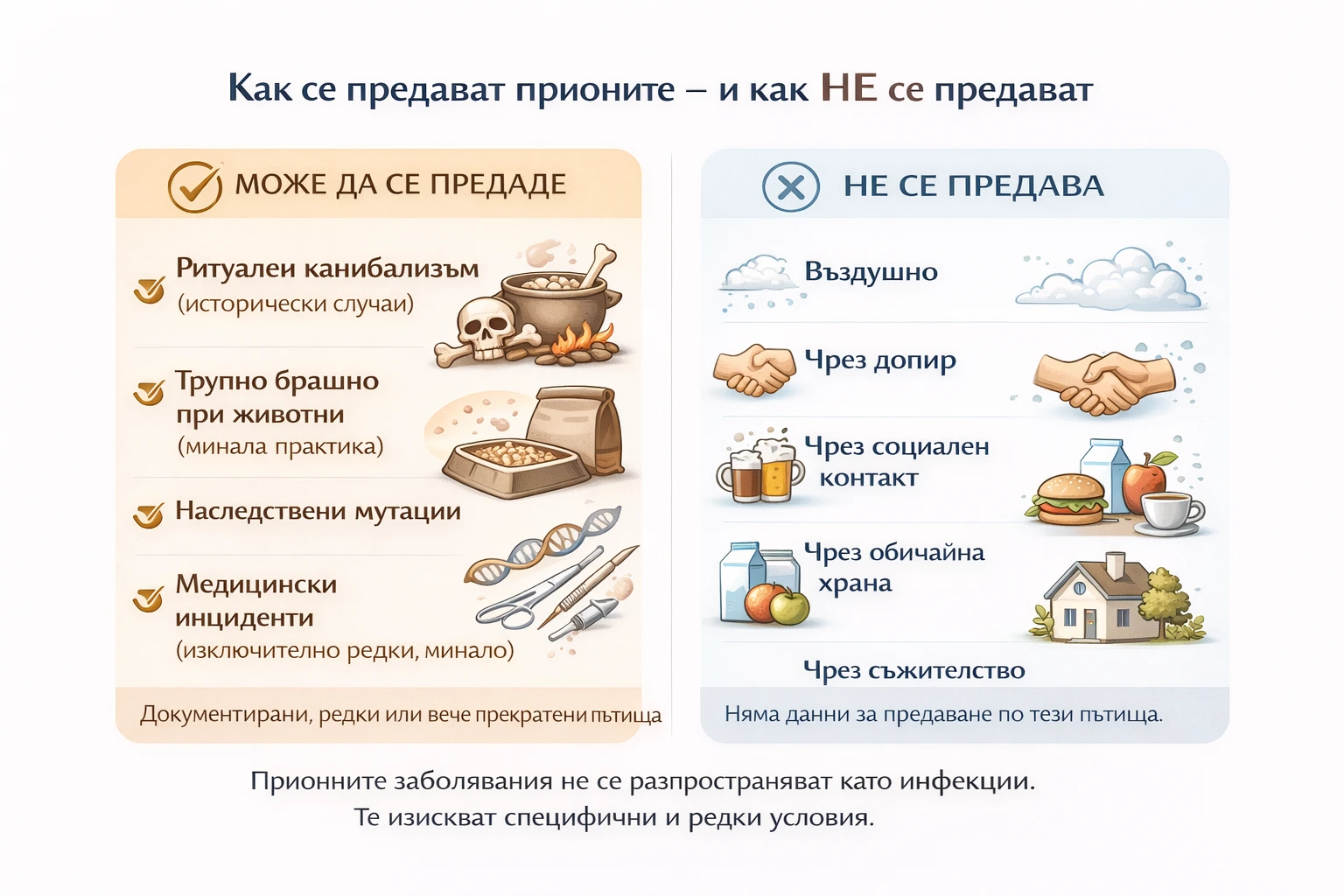 Инфографика: как се предават прионите (висок риск) и как не се предават (ежедневни контакти).