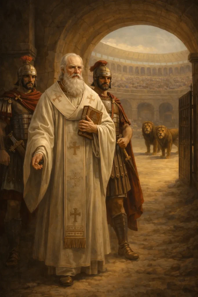 „Свети Игнатий Богоносец, воден от римски войници към арената с лъвовете, с Евангелието в ръка“