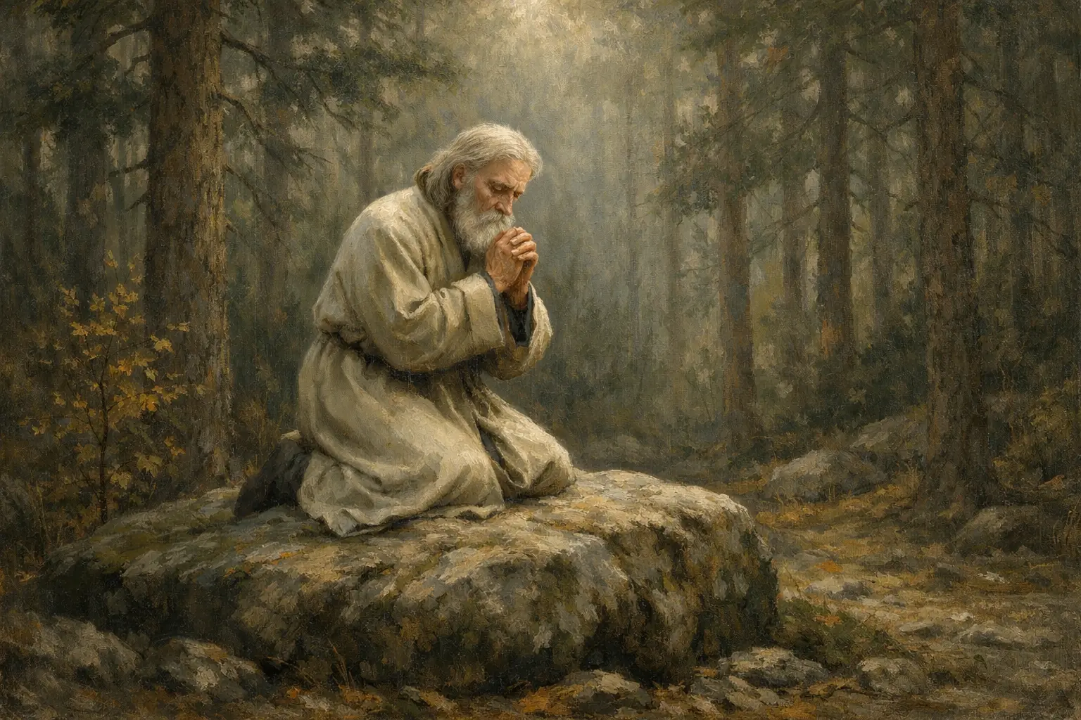 Свети Серафим Саровски в молитва в есенната гора, коленичил върху камък