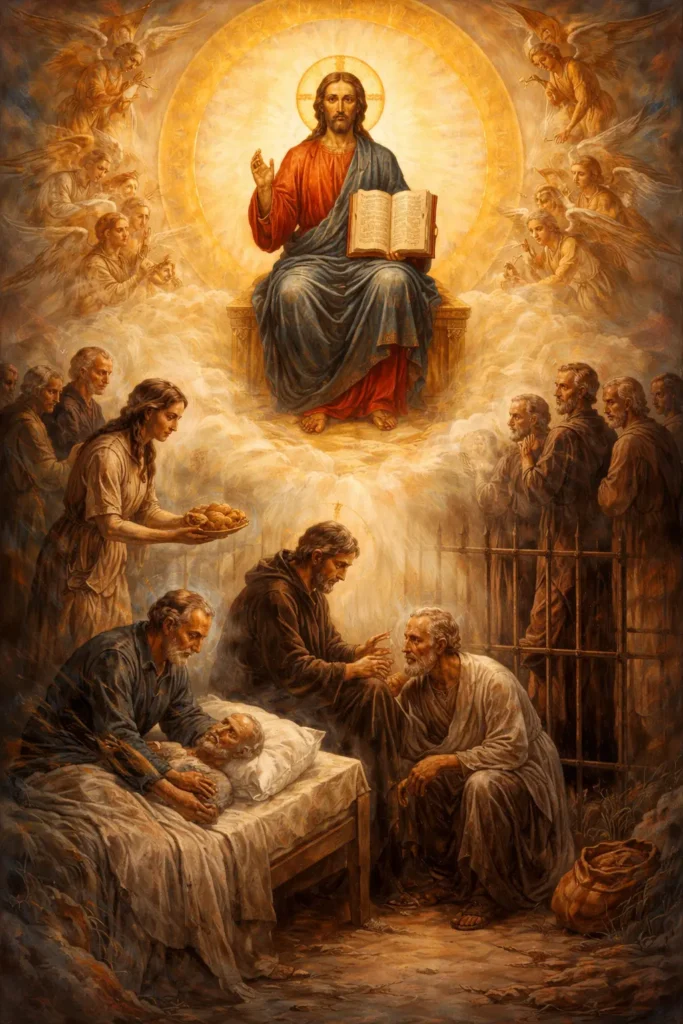 Христос в слава при Страшния съд, а под Него сцени на милост – нахранване на гладен, посещение на болен и затворник, Неделя Месопустна