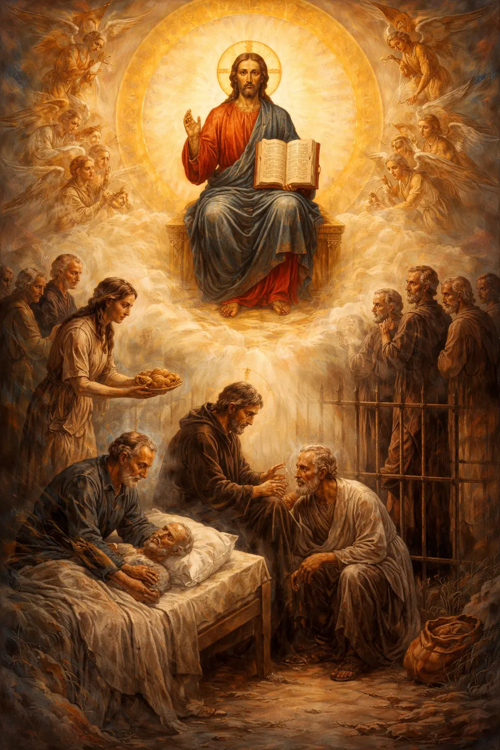 Христос в слава при Страшния съд, а под Него сцени на милост – нахранване на гладен, посещение на болен и затворник, Неделя Месопустна