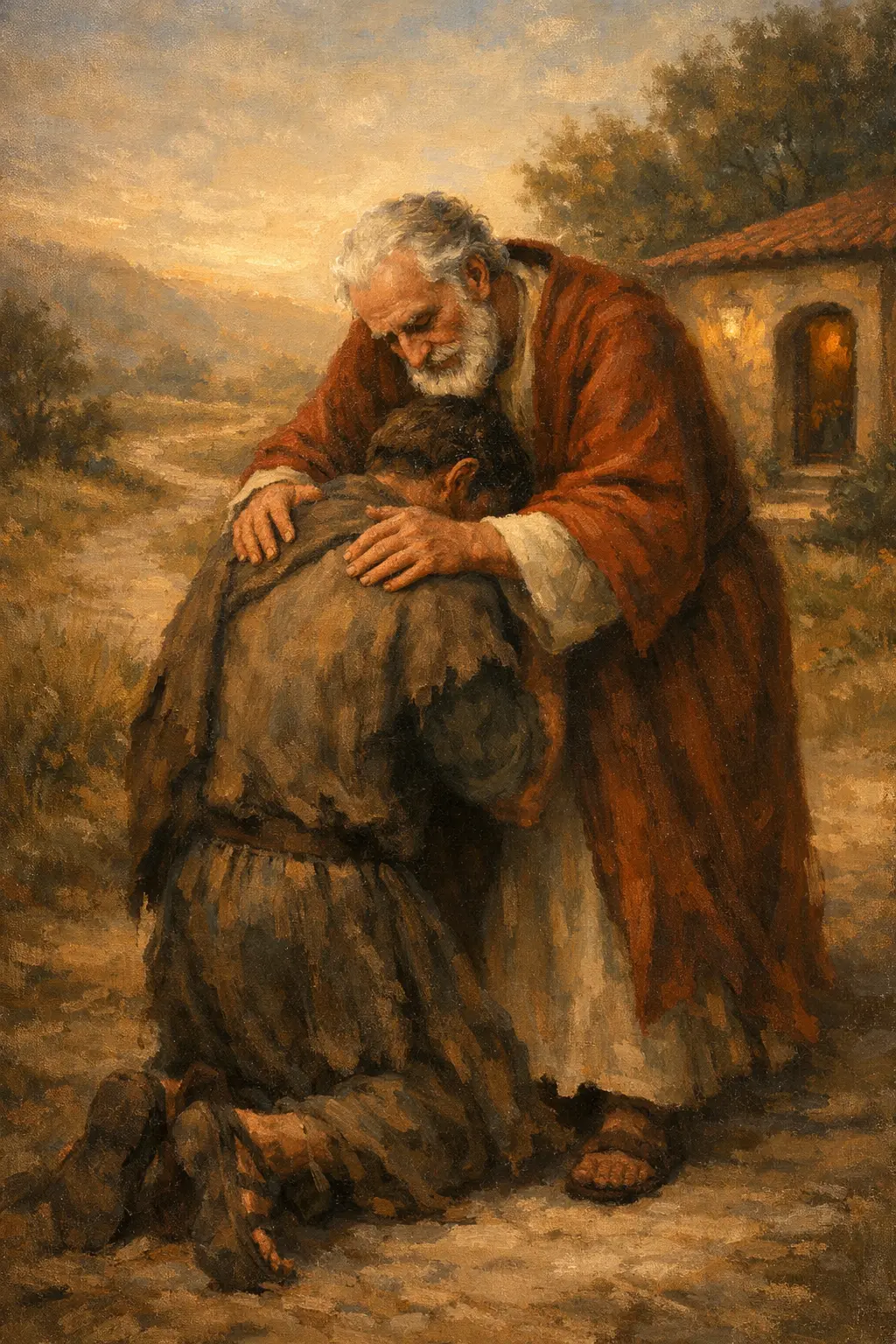 Отецът прегръща завърналия се блуден син – образ на Божията милост и възстановеното синство