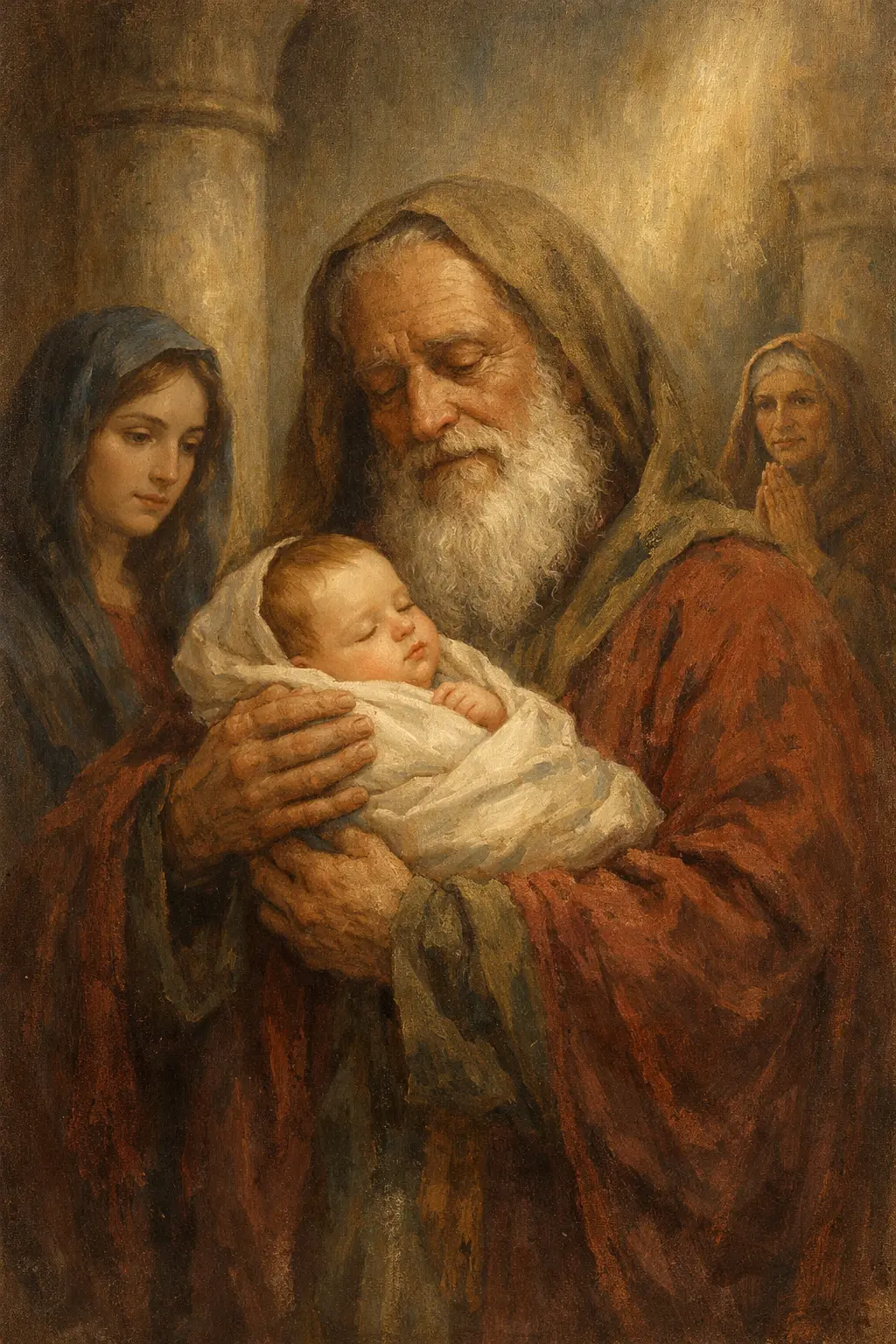 Сретение Господне в Иерусалимския храм: праведният Симеон приема Богомладенеца Христос в топло, реалистично православно-художествено изображение.