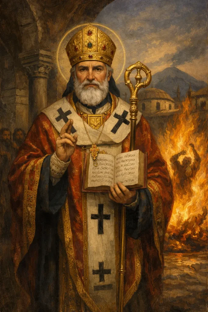 Свети Лъв Катански в архиерейски одежди, стоящ спокойно пред огненото изобличение на магьосника.