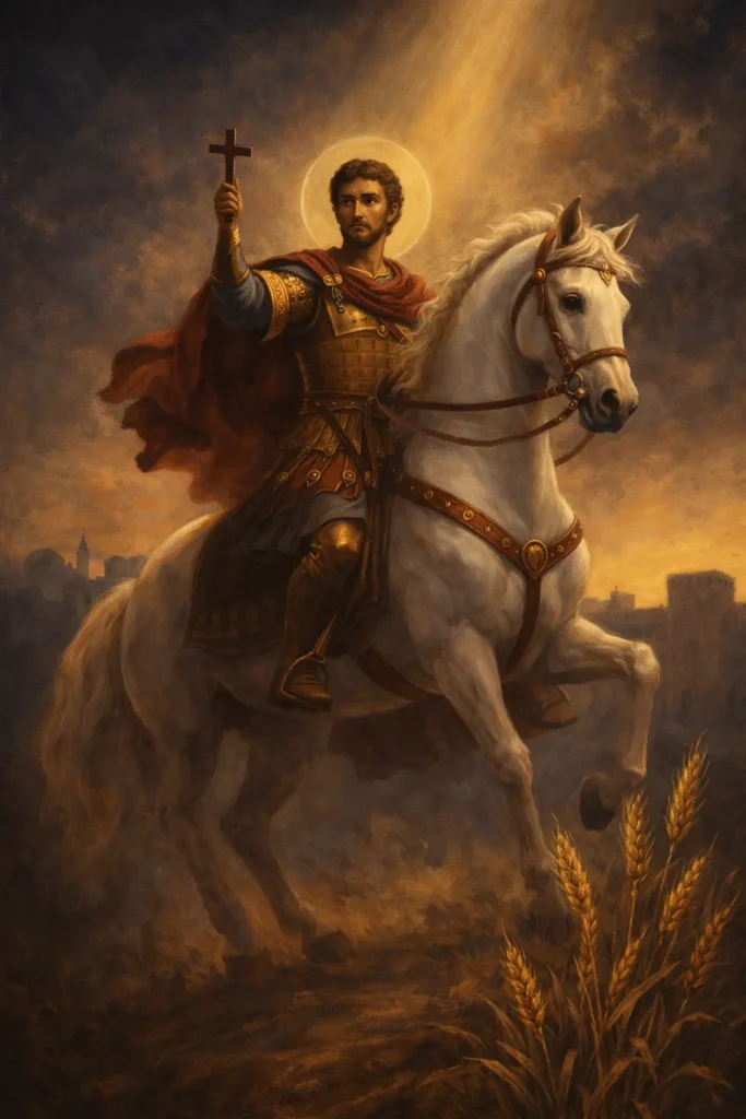 Свети Теодор Тирон на бял кон с кръст в ръка и златни житни класове в преден план – Тодоровден, първа седмица на Великия пост