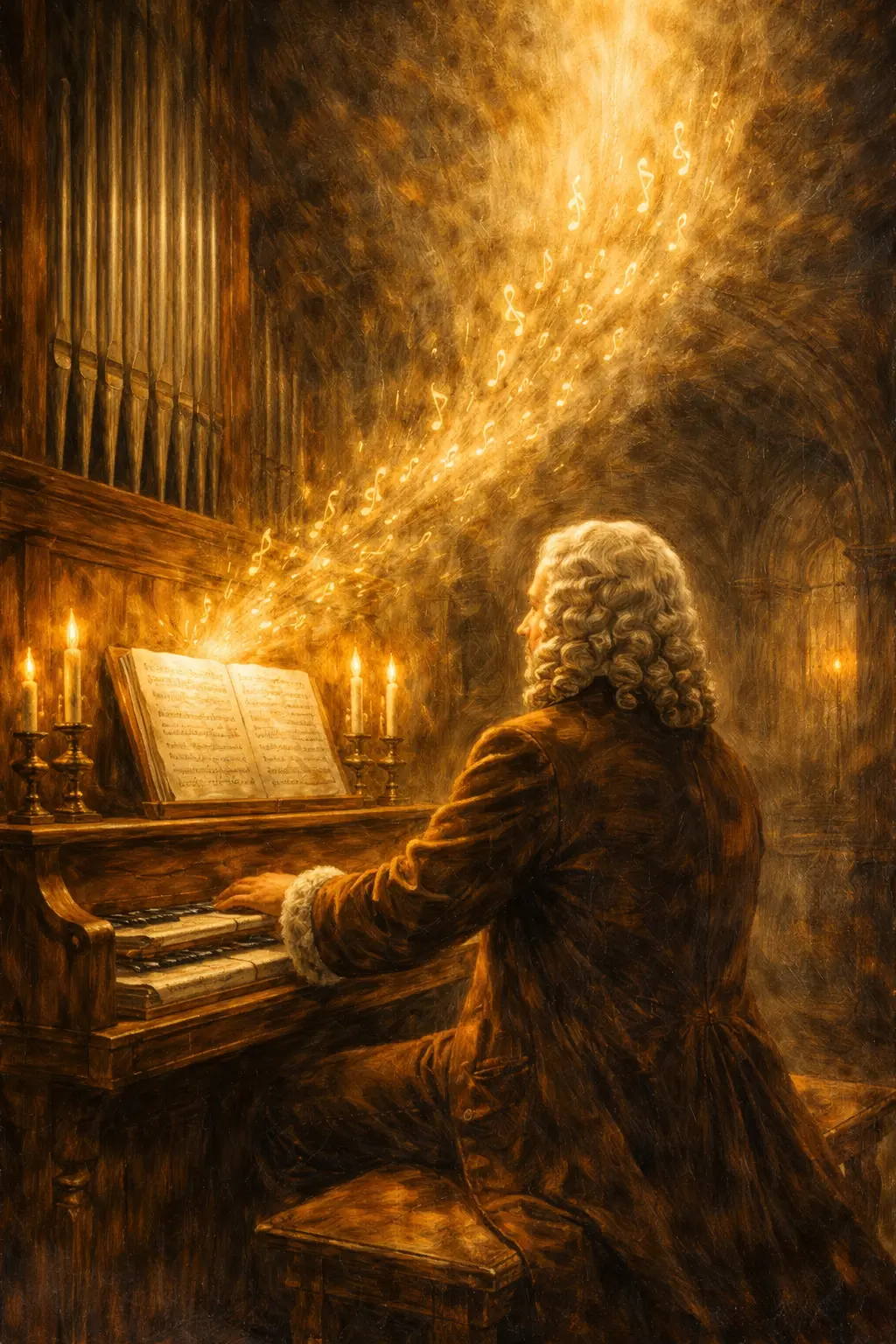 Йохан Себастиан Бах свири на орган в храм – музиката като духовно издигане