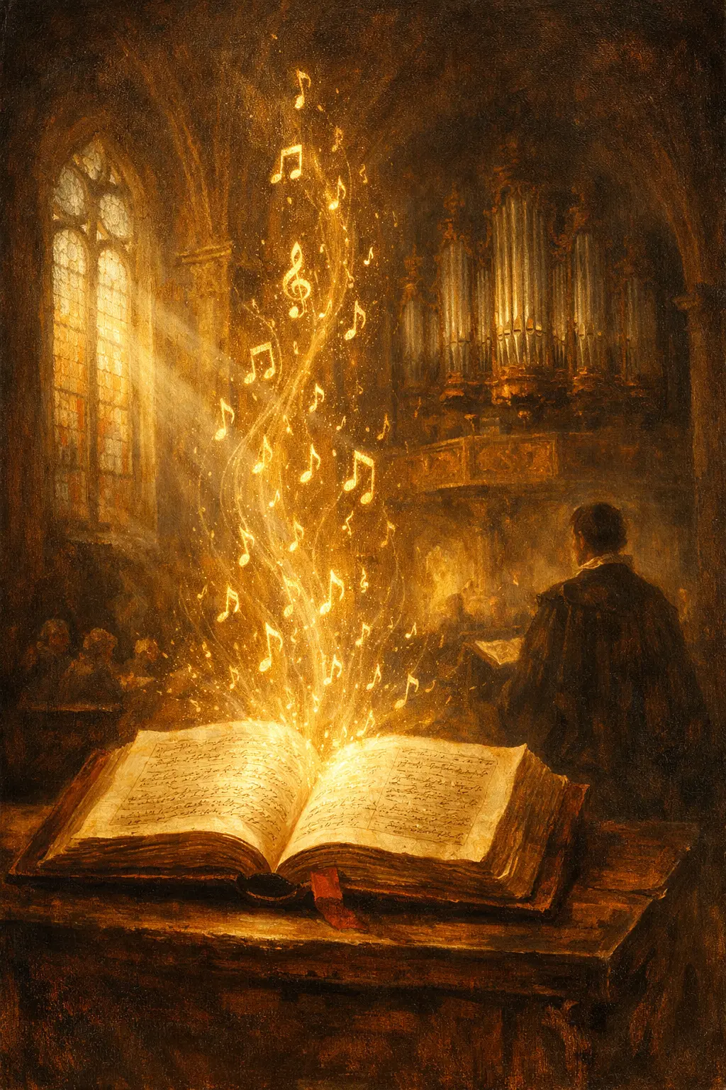 Отворена Библия, от която се издигат музикални ноти в лутеранска църква – символ на музиката на Бах като тълкуване на Свещеното Писание