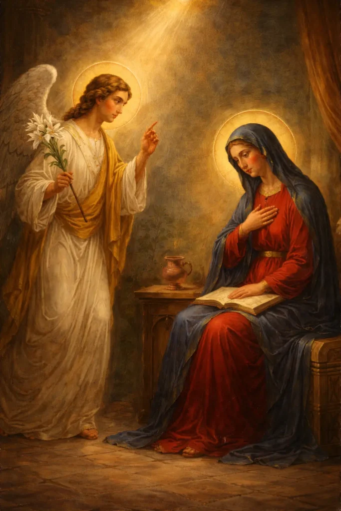 Благовещение – Архангел Гавриил благовества на Пресвета Богородица с райско цвете и небесна светлина