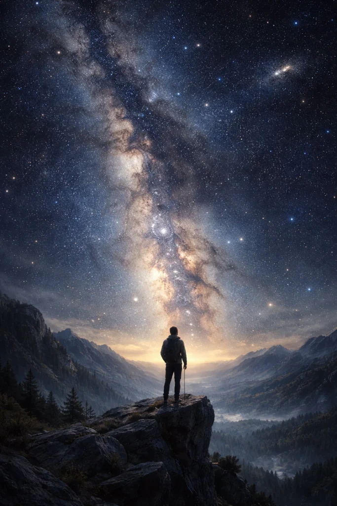 Космическо благоговение – човек съзерцава звездното небе и Млечния път.