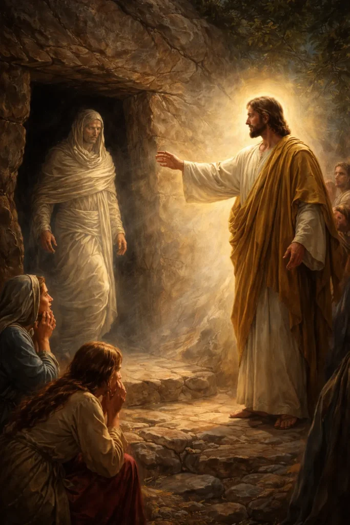 Възкресяването на свети Лазар – Христос извиква Лазар от гроба, светлина озарява тъмнината и свидетелите стоят в благоговение.