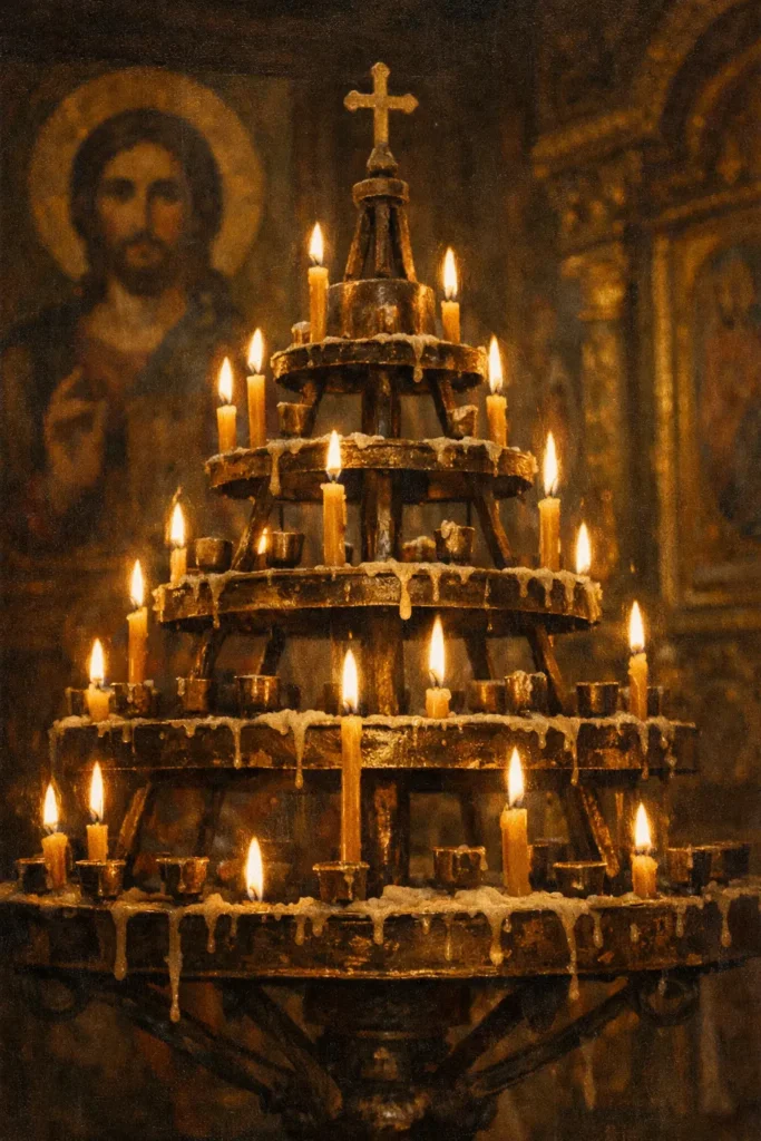 Запалени восъчни свещи на стар рингов свещник в православен храм