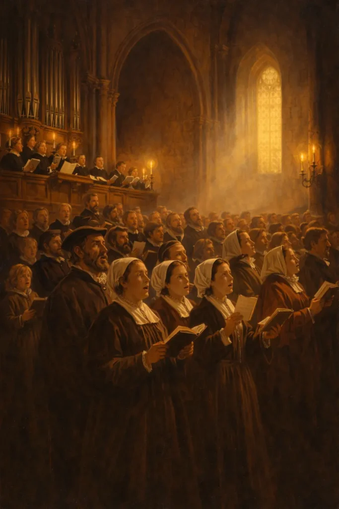 Реформационна църква от XVI век, в която вярващите пеят хорал заедно – символ на раждането на протестантската музикална традиция.