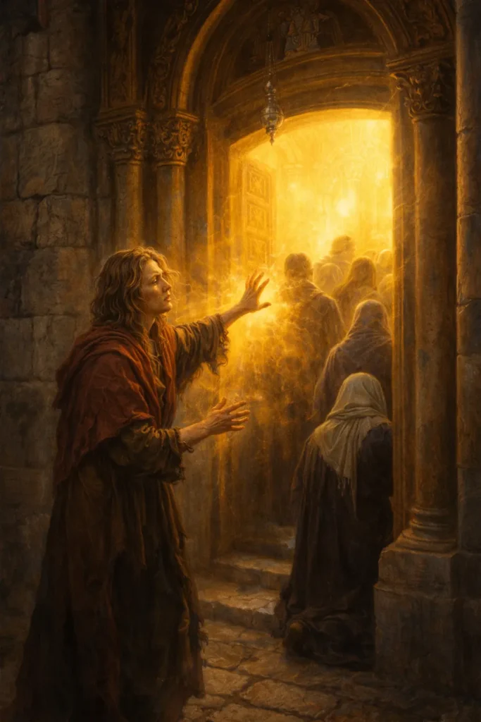 Св. Мария Египетска пред храма на Гроба Господен – невидима сила я спира, докато други влизат