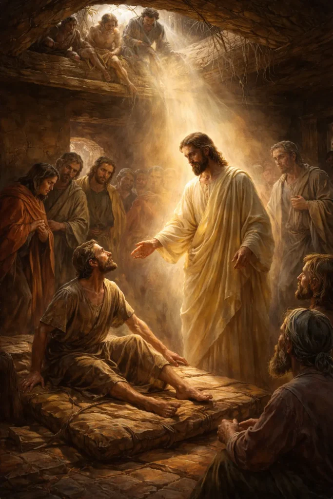 Изцелението на разслабения – евангелската сцена от Марк 2, илюстрация към Втората неделя на Великия пост.