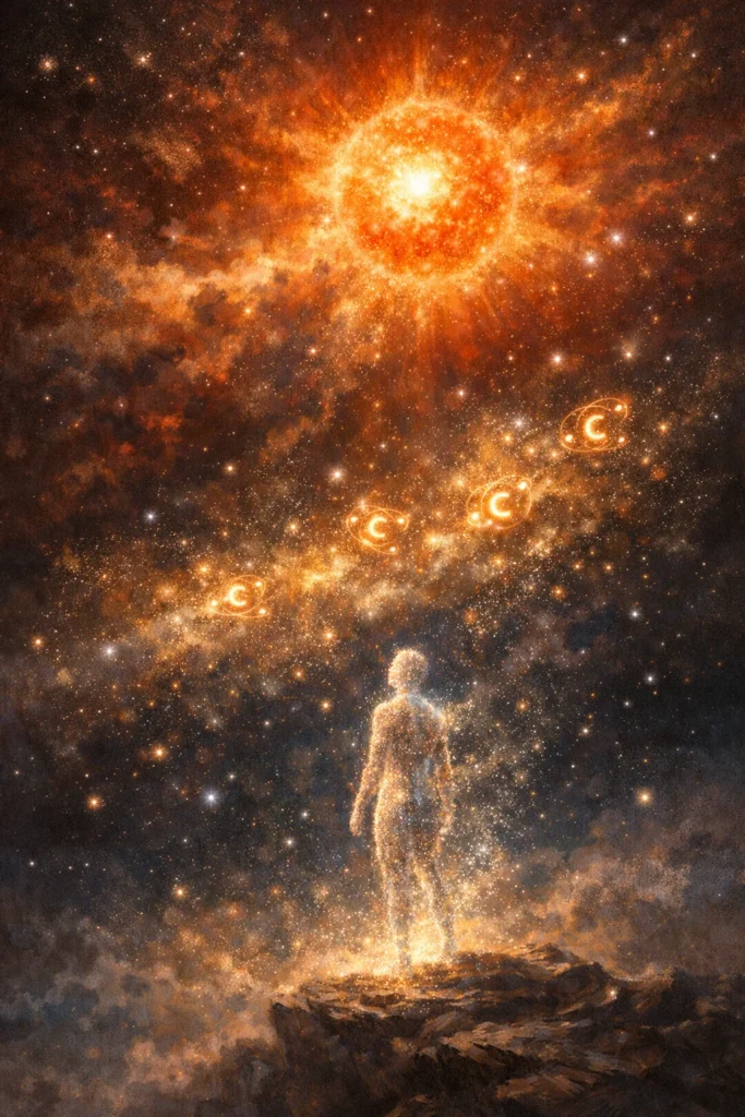 Космическа илюстрация на звездния произход на елементите – звезда излъчва светлина и звезден прах, от който се оформя човешки силует.