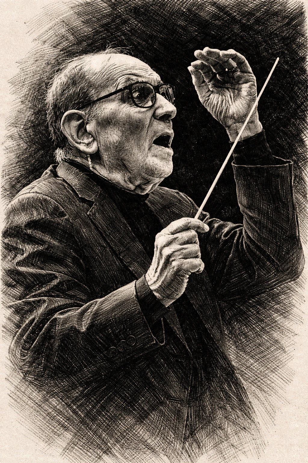 Енио Мориконе музика – диригент в черно-бяла графика, израз на стила и влиянието му във филмовата музика