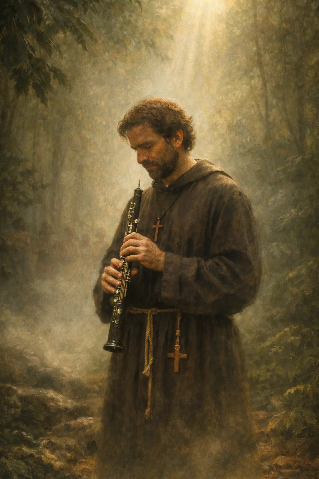 Отец Габриел сред тишината на джунглата с обой в ръце – образ на музиката като среща, доверие и духовно присъствие