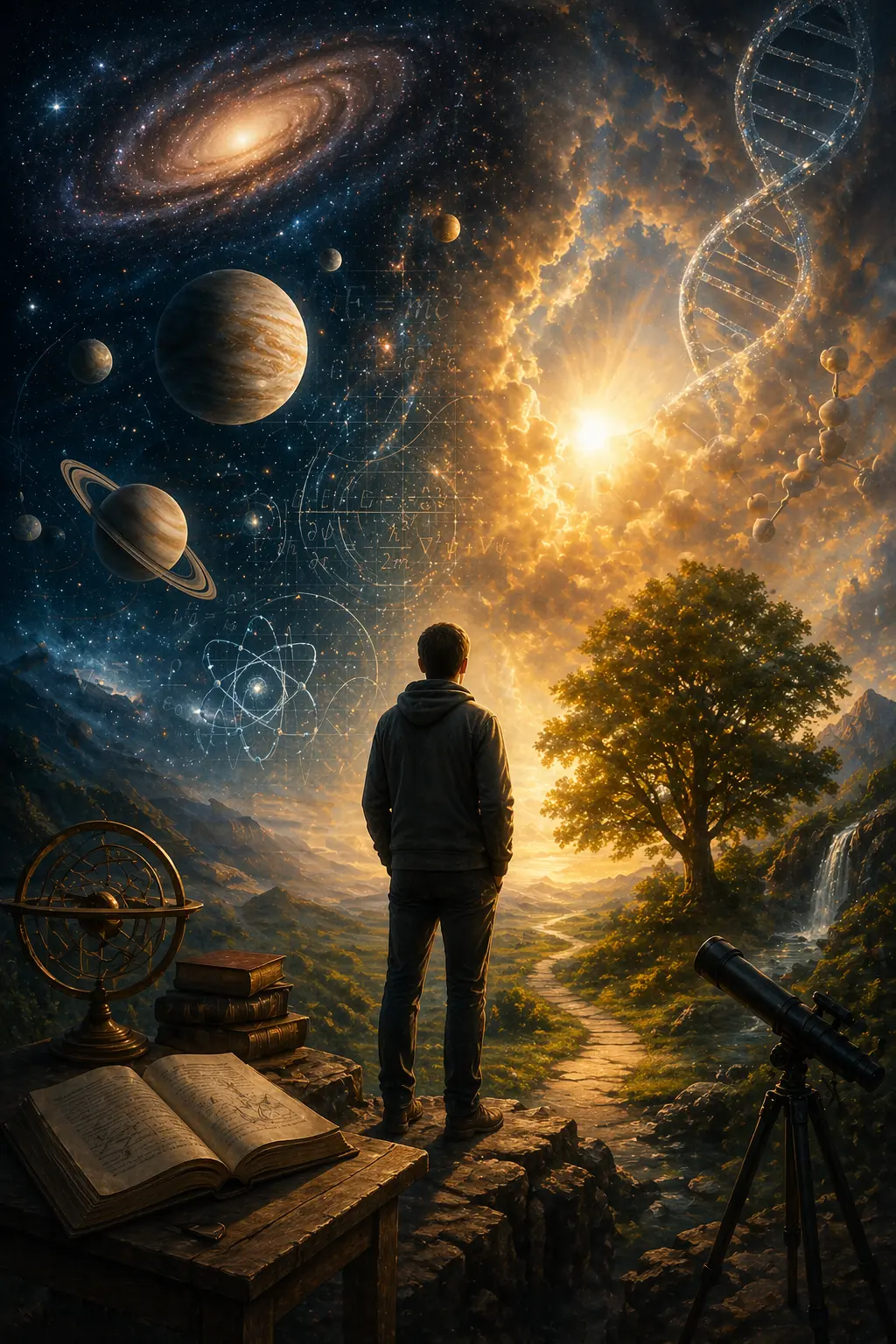 Редът във Вселената – човек наблюдава космоса, съчетаващ наука, природа и светлина