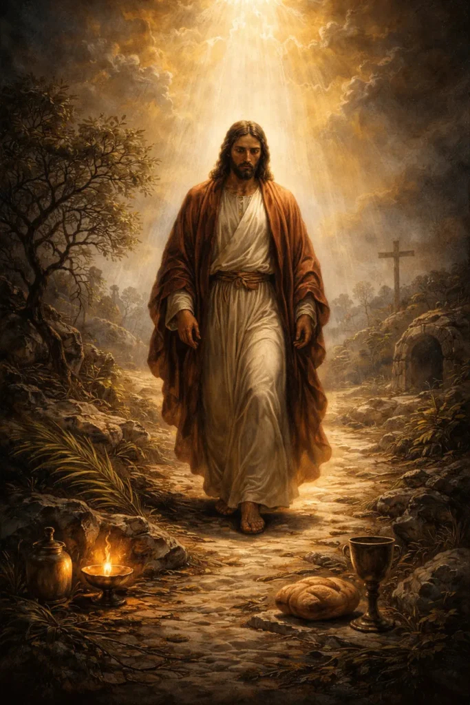 Страстната седмица – Христос върви към Кръста, символи на Тайната вечеря, Кръста и гроба в светлина и сянка