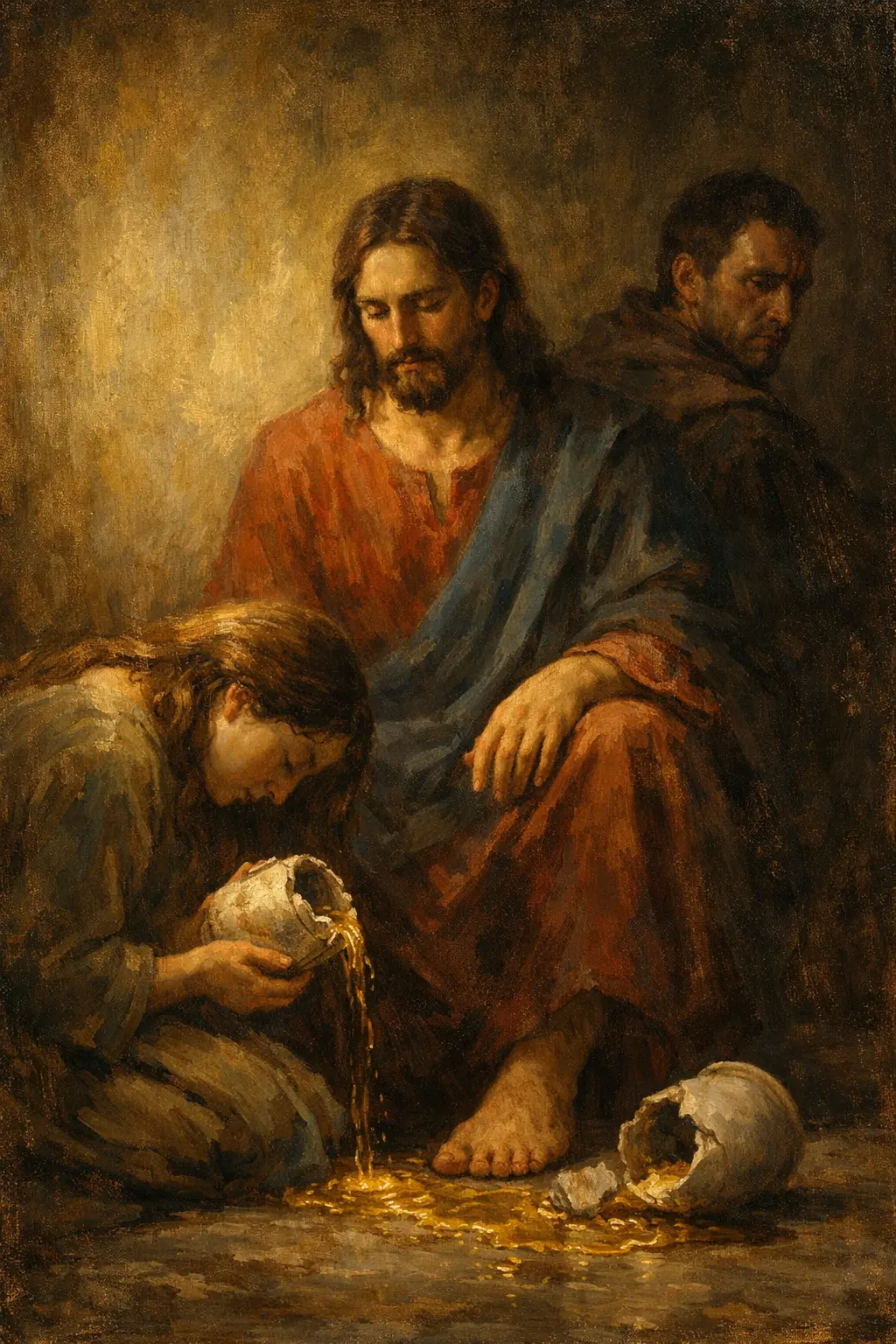 Жената с мирото пред Христос и Юда в сянка – Велика сряда, образ на покаянието и предателството.