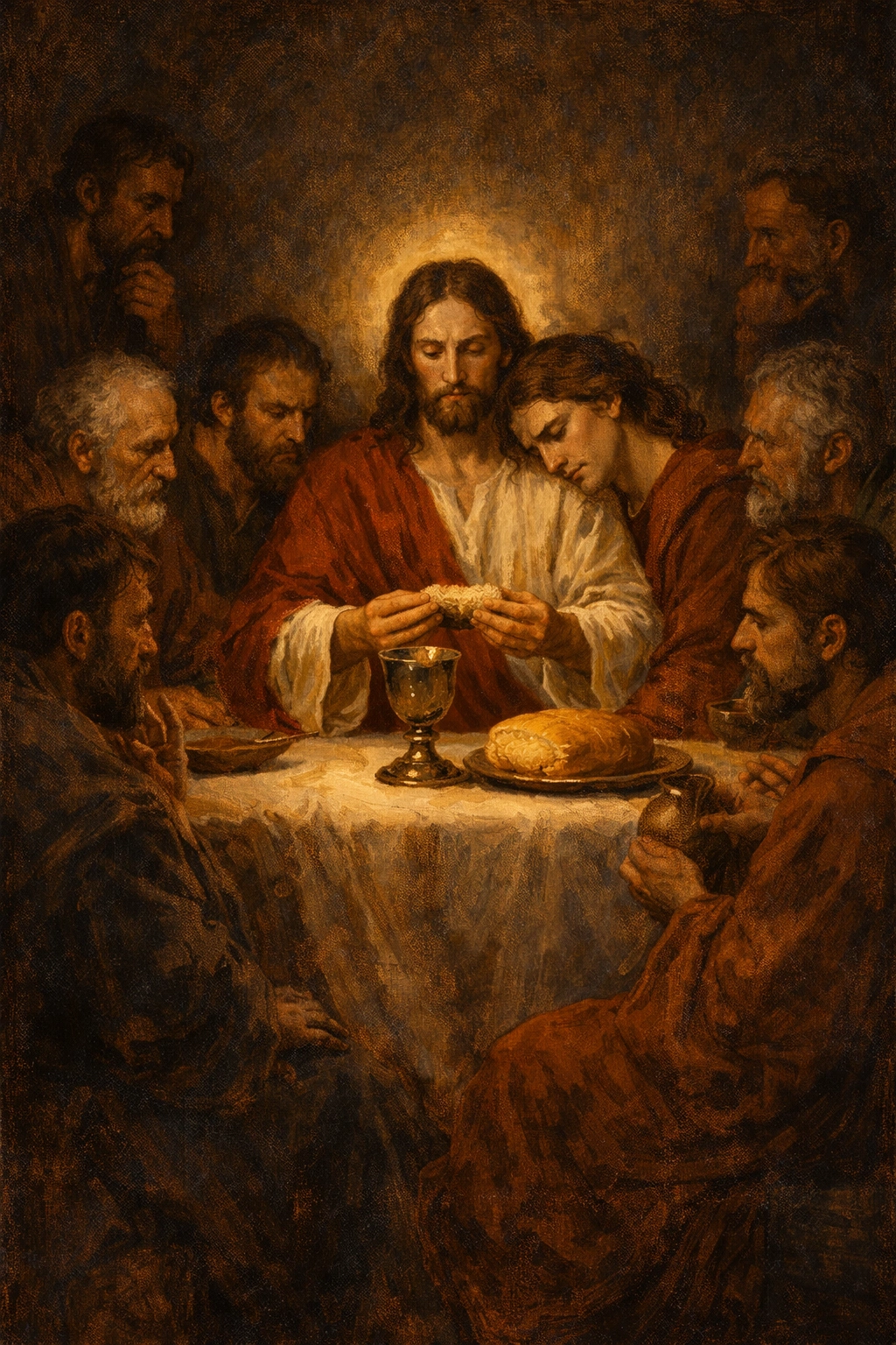 Тайната вечеря – Христос с учениците, хляб и вино, Велики четвъртък и установяване на Евхаристията.