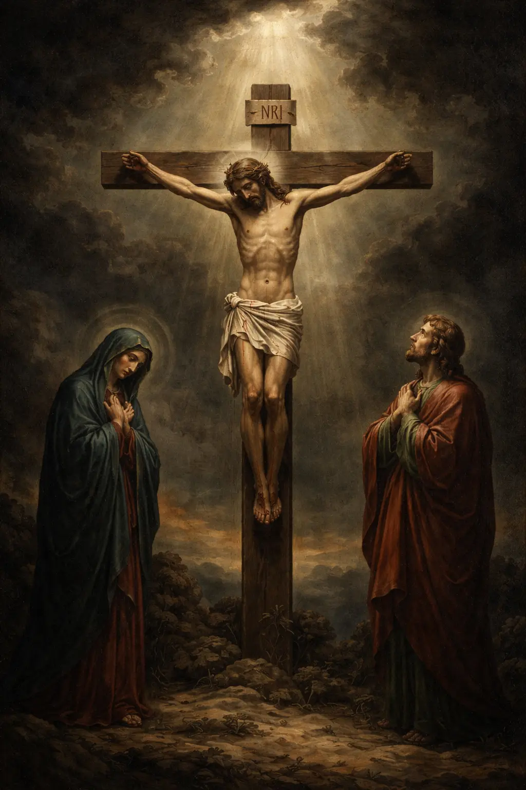 Разпятието на Христос на Голгота с Богородица и свети Йоан, тъмно небе и лъч светлина – символ на съд и милост