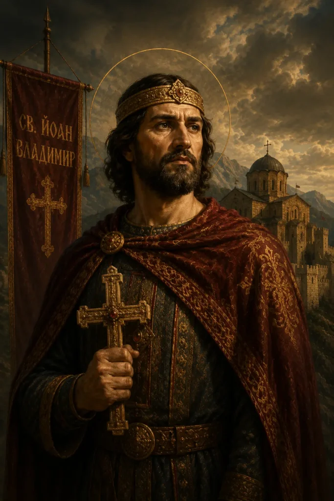Св. Йоан-Владимир, княз Български, с кръст в ръка пред средновековен балкански храм