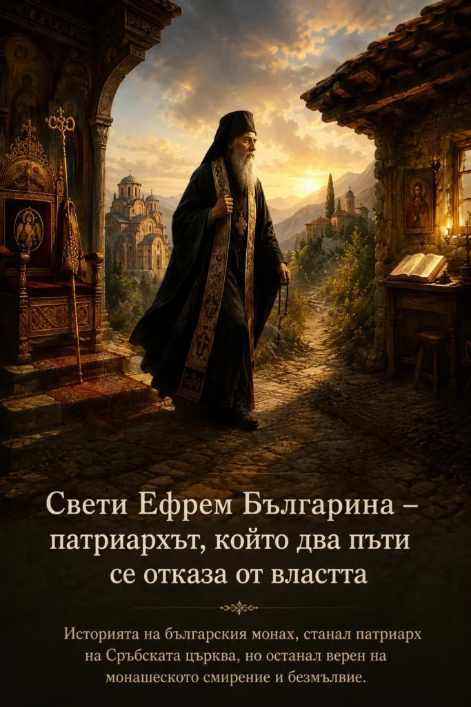 Свети Ефрем Българина между патриаршеския престол и монашеската килия, символ на избора на молитвата пред властта и смирението пред славата.