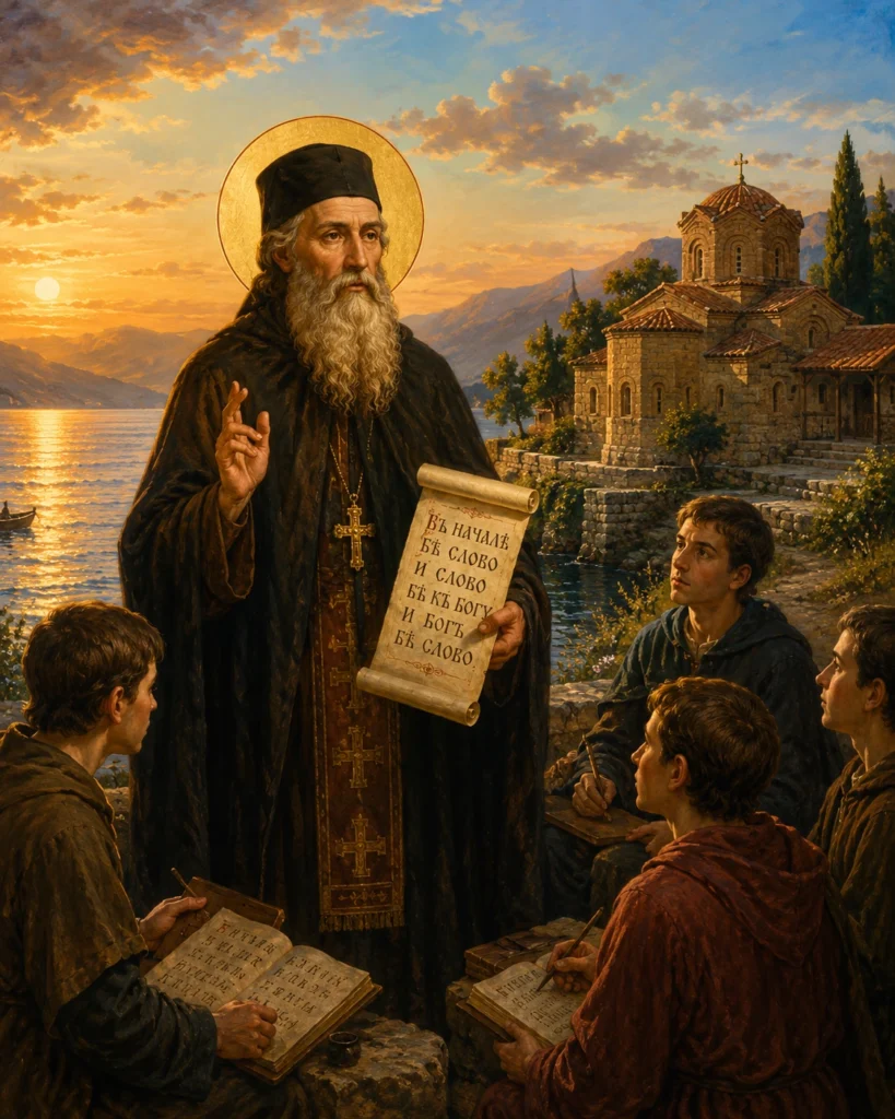 Свети Наум Охридски поучава своите ученици край Охридското езеро, пред манастира „Свети Наум“, сред залезна светлина.