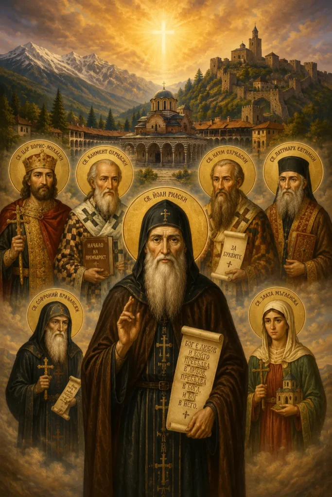 „Свети Йоан Рилски сред събора на българските светии – Свети цар Борис-Михаил, Свети Климент Охридски, Свети Наум Охридски, Свети Патриарх Евтимий, Свети Софроний Врачански и Света Злата Мъгленска“
