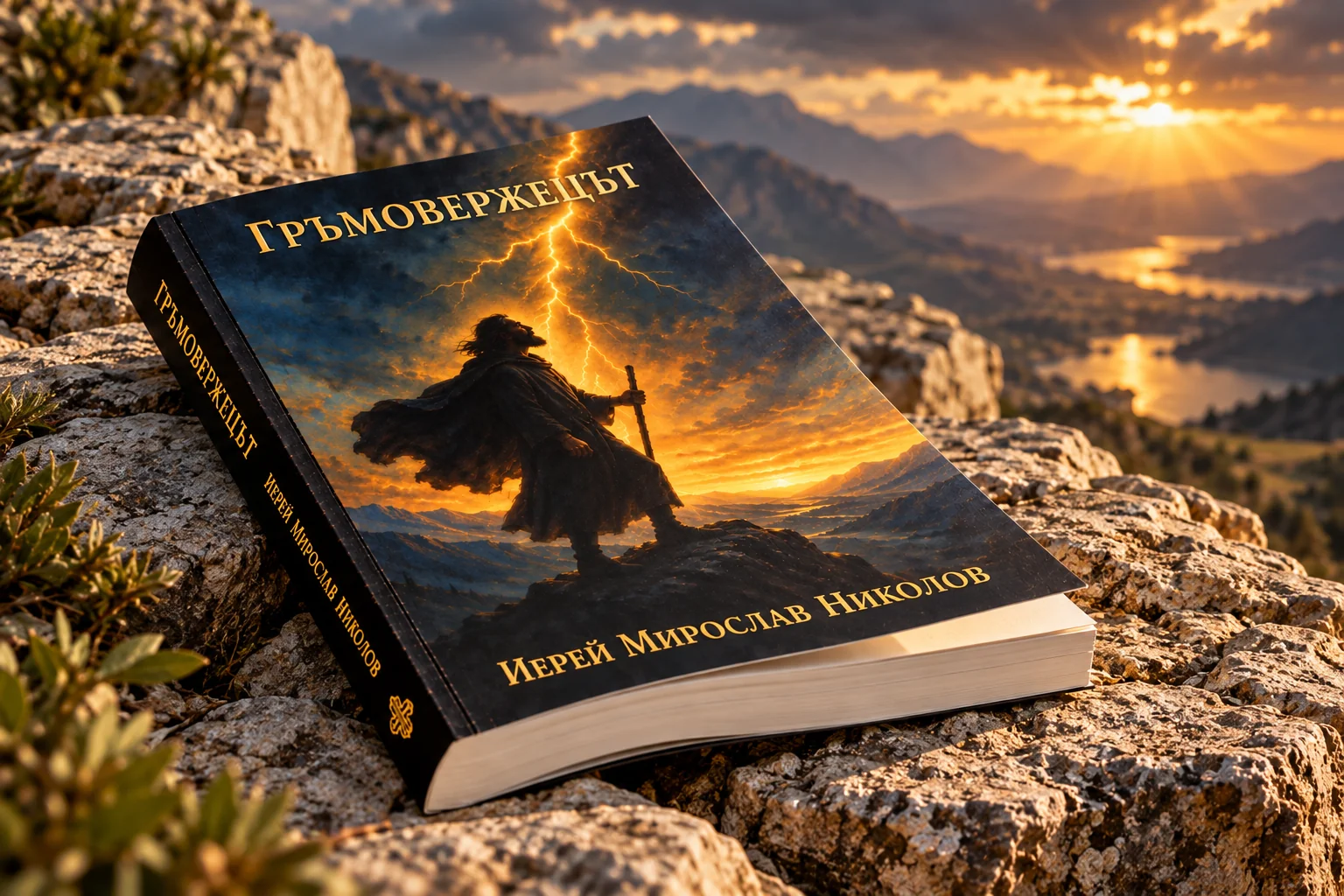 Книгата „Гръмовержецът“ сред планински залез