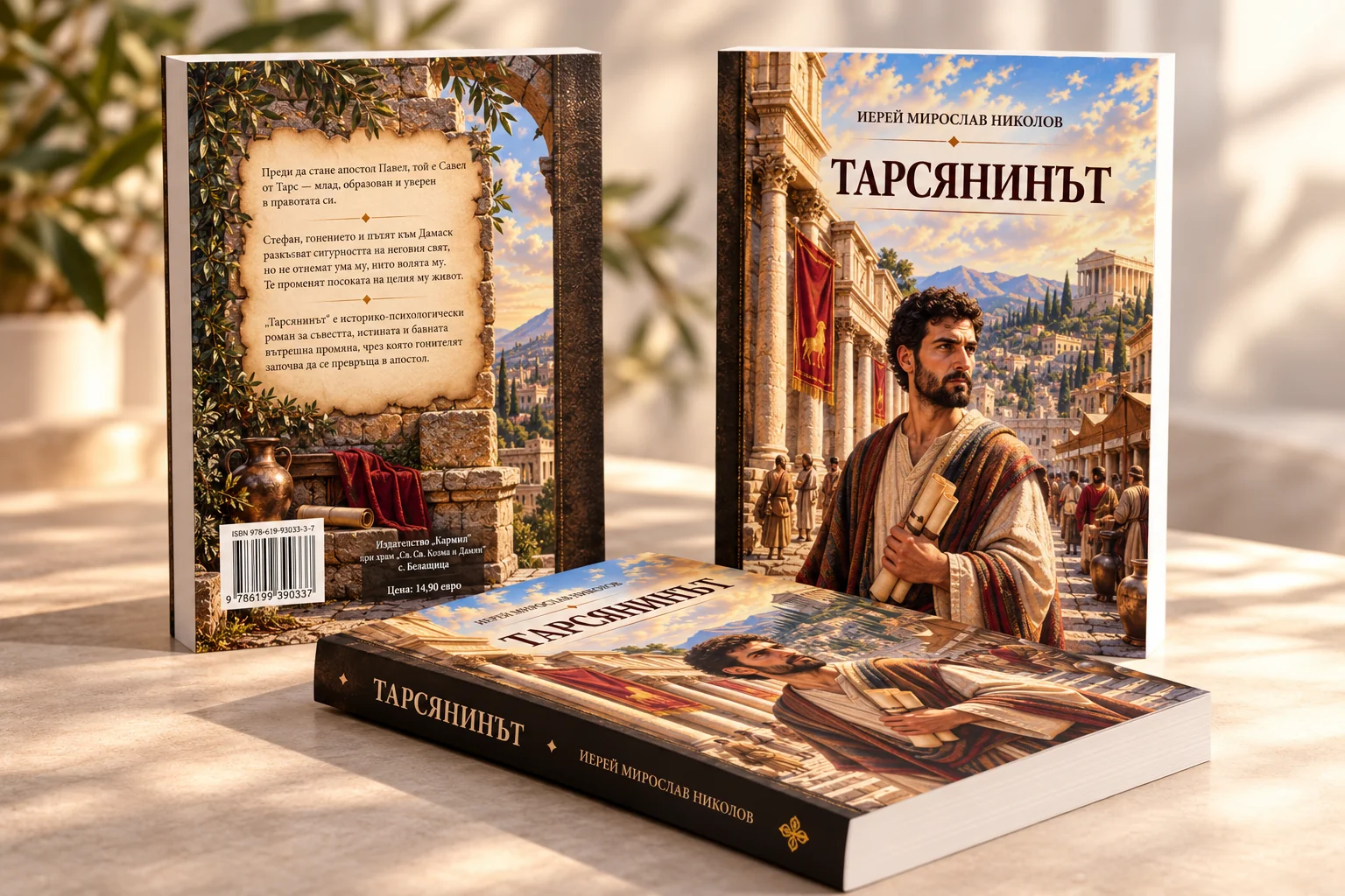 „Тарсянинът“ — предна и задна корица и книга с видим гръб