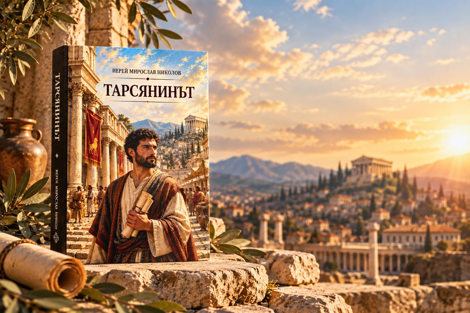 Книгата „Тарсянинът“ сред древен град при златна светлина