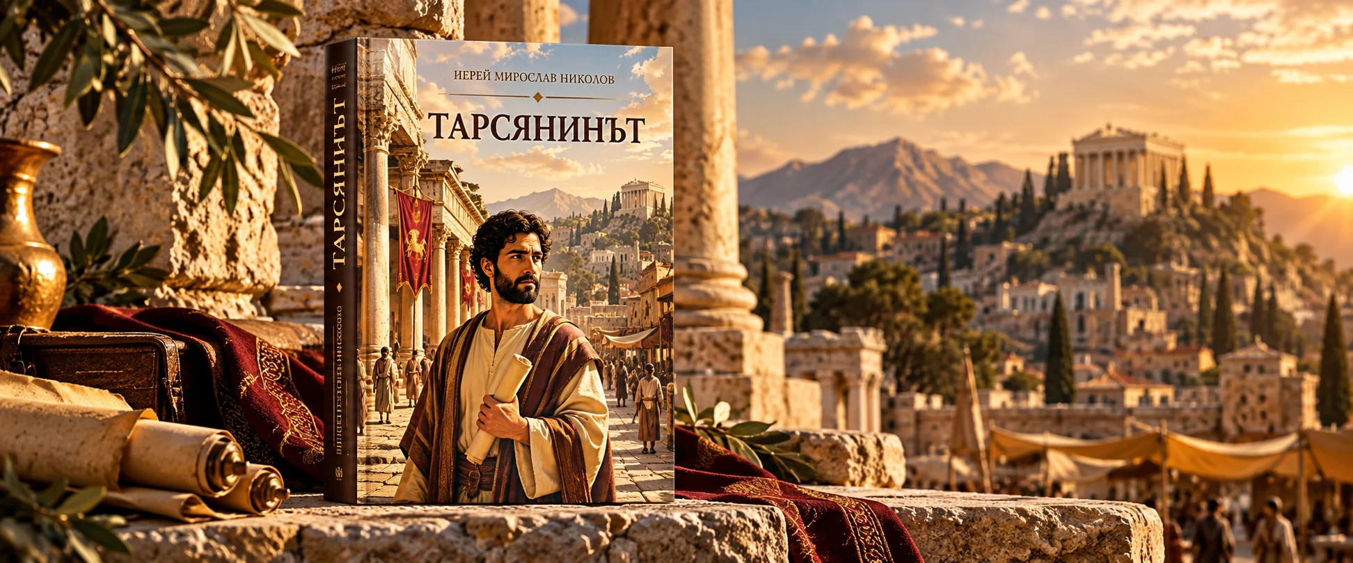 Книгата „Тарсянинът“ пред древен град по залез